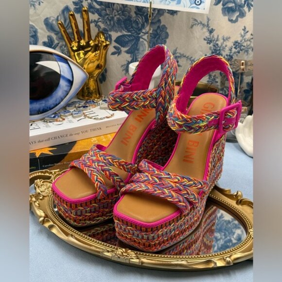 🆕 GIANNI BINI 🧿 NWOB Santi Woven Beaded Wedge Sandals - Rainbow Multi, Sz US 8 - Picture 7 of 16